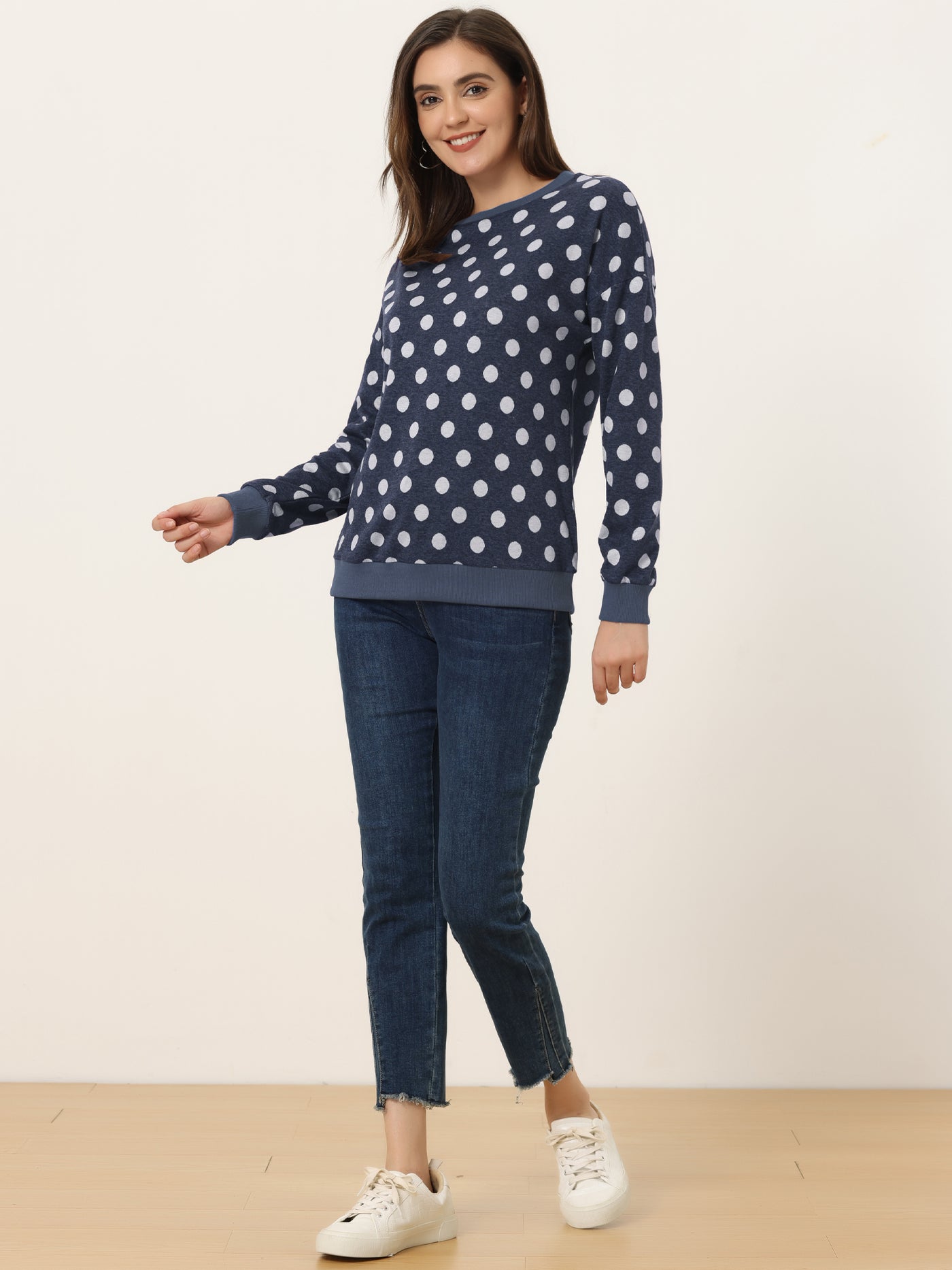 Allegra K Winter Knitted Pullover Sweatshirt Long Sleeve Polka Dot Sweater