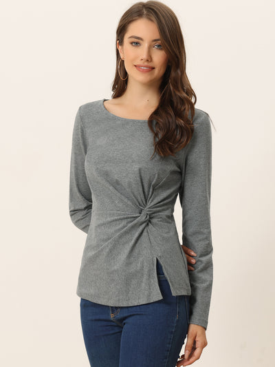 Round Neck Front Twist Tops Long Sleeve Blouse T Shirt