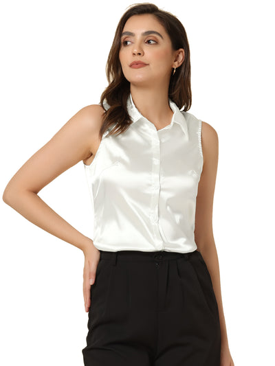 Satin Silky Button Down Shirt Formal Work Sleeveless Blouse