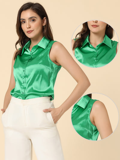 Satin Silky Button Down Shirt Formal Work Sleeveless Blouse