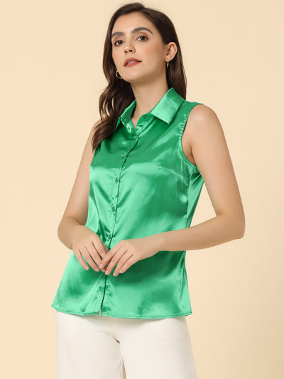 Satin Silky Button Down Shirt Formal Work Sleeveless Blouse