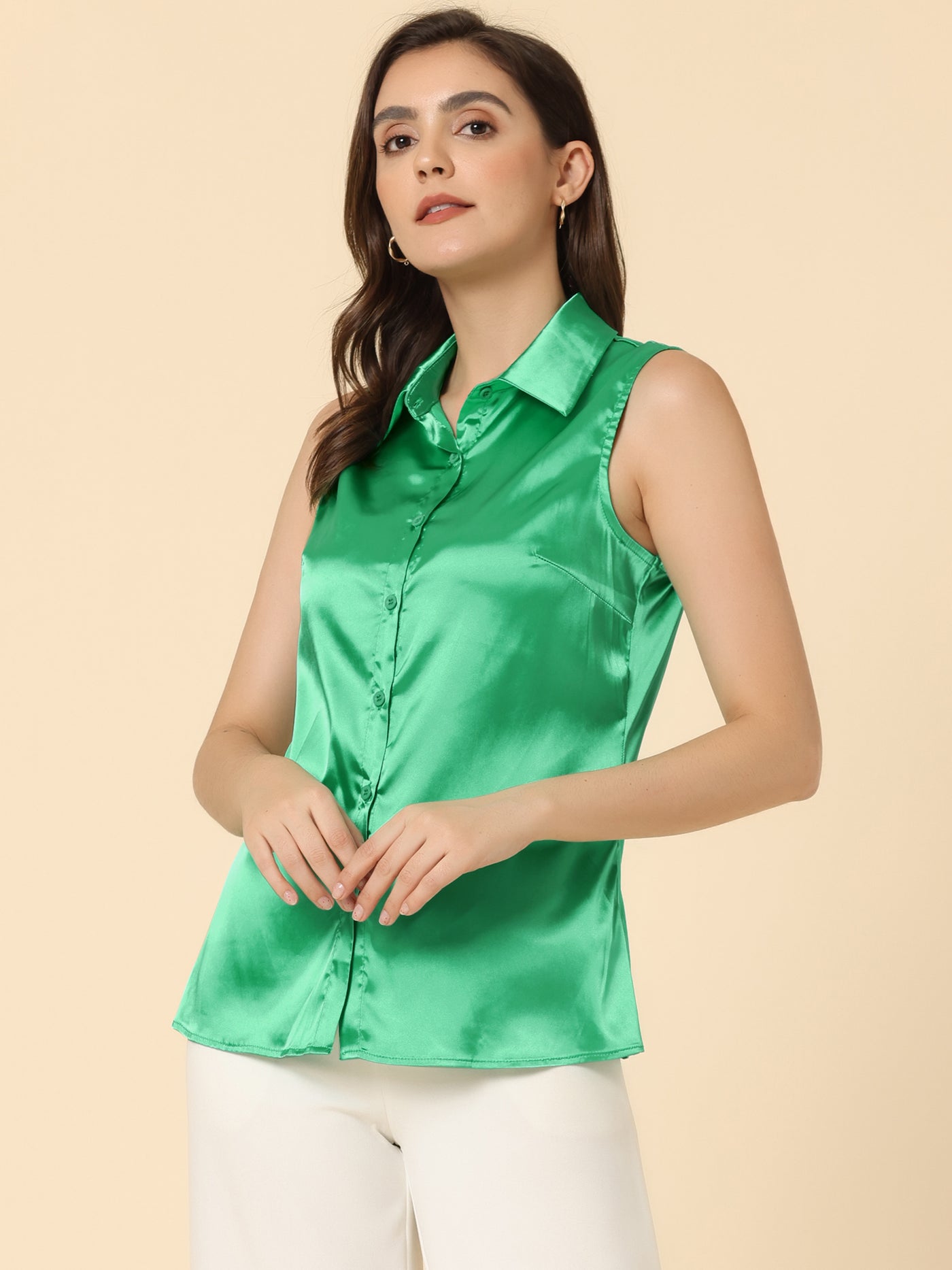 Allegra K Satin Silky Button Down Shirt Formal Work Sleeveless Blouse