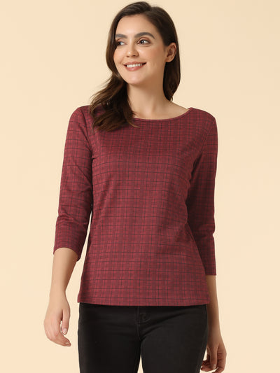 Work Office 3/4 Sleeve Boat Neck Houndstooth Printed Top Blouse