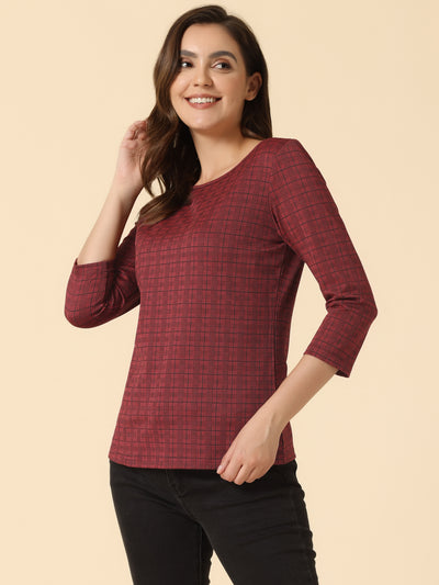 Work Office 3/4 Sleeve Boat Neck Houndstooth Printed Top Blouse