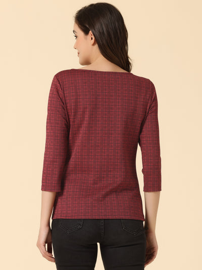 Work Office 3/4 Sleeve Boat Neck Houndstooth Printed Top Blouse