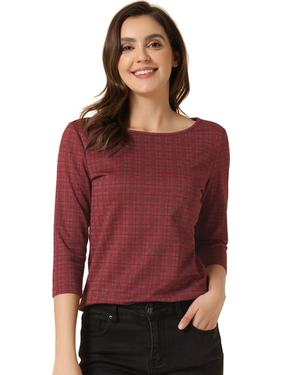 Work Office 3/4 Sleeve Boat Neck Houndstooth Printed Top Blouse