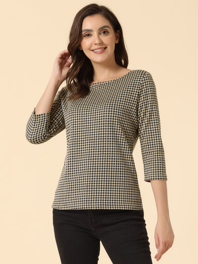 Work Office 3/4 Sleeve Boat Neck Houndstooth Printed Top Blouse