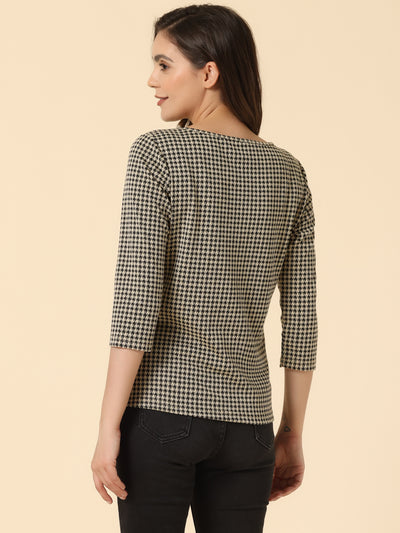 Work Office 3/4 Sleeve Boat Neck Houndstooth Printed Top Blouse