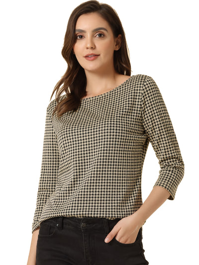 Work Office 3/4 Sleeve Boat Neck Houndstooth Printed Top Blouse