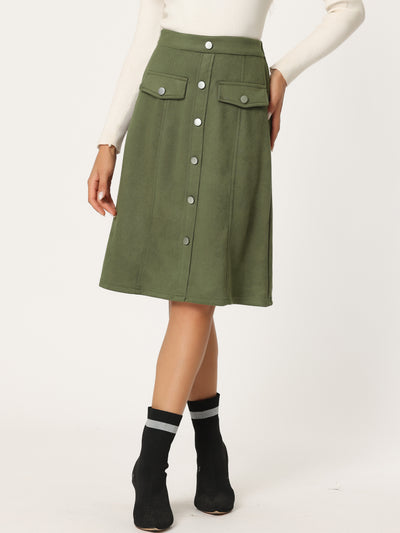 High Waist Faux Suede Knee Length A-Line Skirt