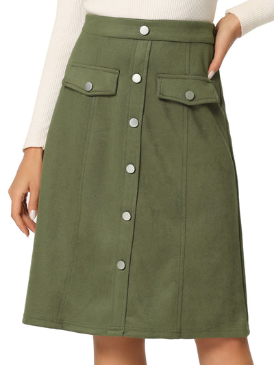 High Waist Faux Suede Knee Length A-Line Skirt