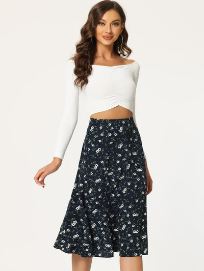 Floral Midi Peasant Elastic Waist A-Line Skirt