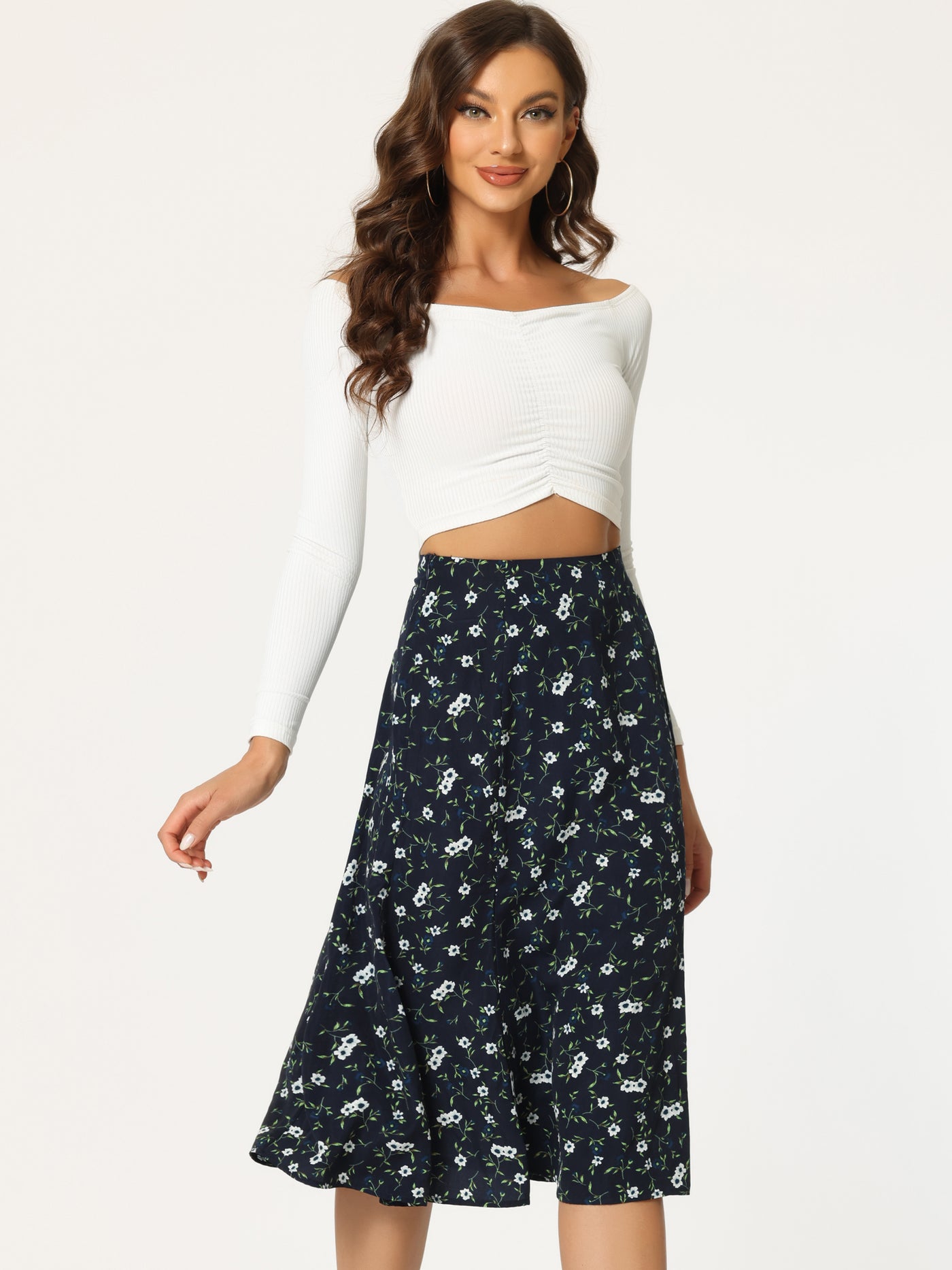 Allegra K Floral Midi Peasant Elastic Waist A-Line Skirt