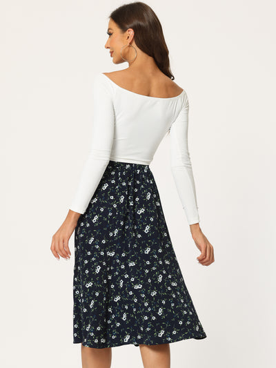 Floral Midi Peasant Elastic Waist A-Line Skirt