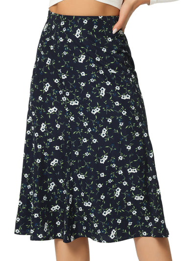 Floral Midi Peasant Elastic Waist A-Line Skirt