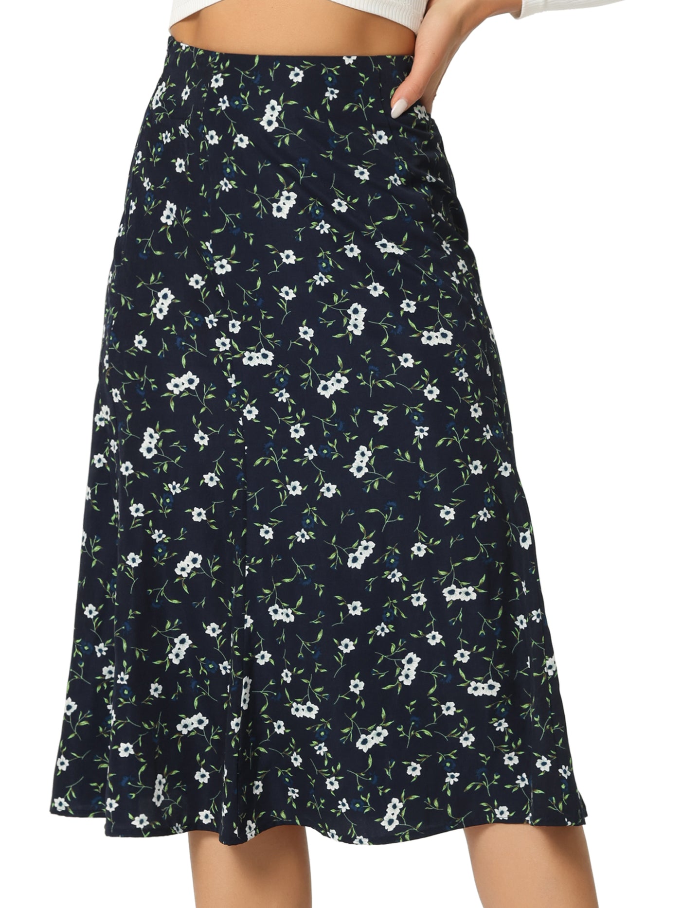 Allegra K Floral Midi Peasant Elastic Waist A-Line Skirt