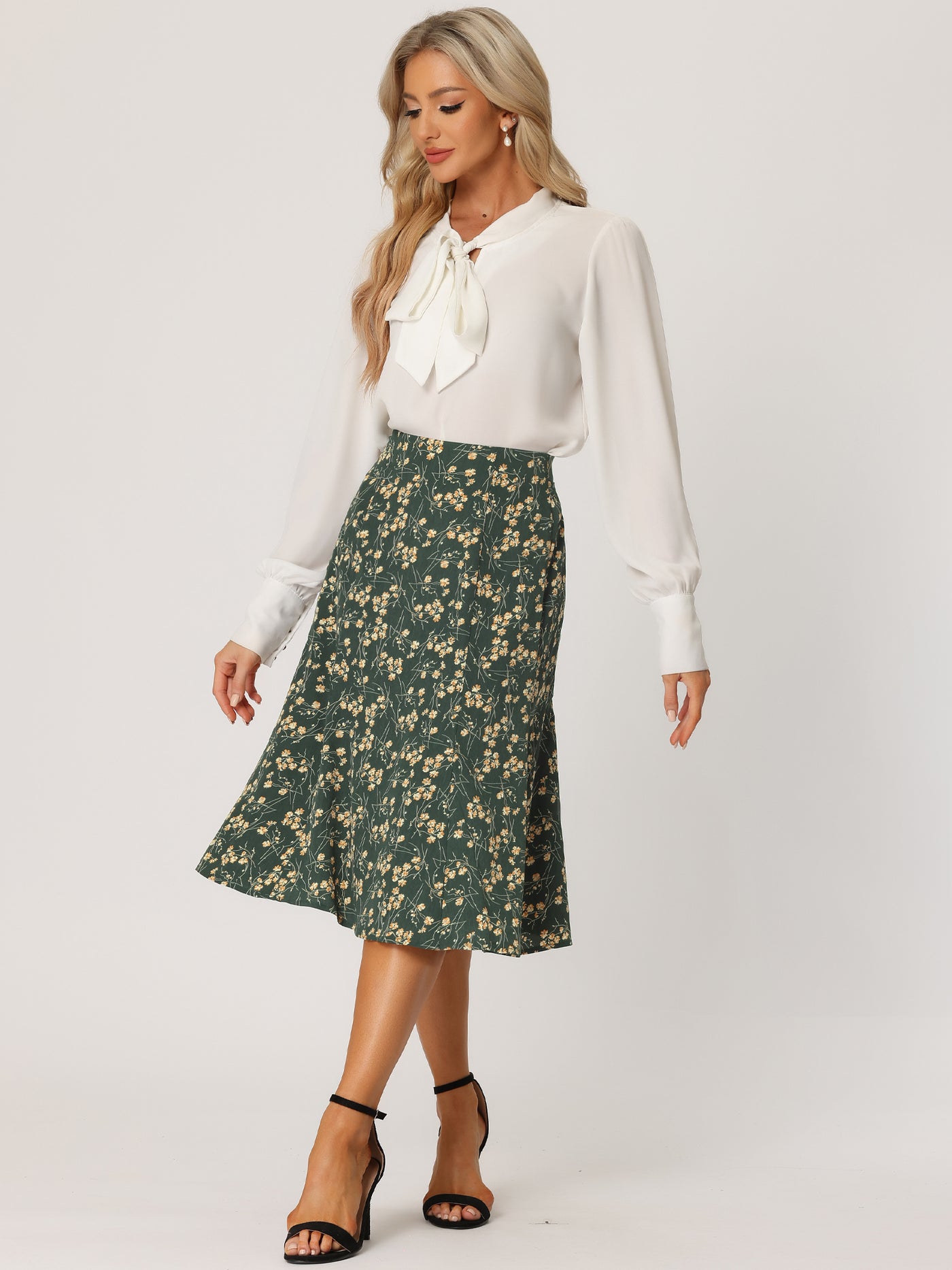 Allegra K Floral Midi Peasant Elastic Waist A-Line Skirt