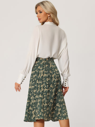 Floral Midi Peasant Elastic Waist A-Line Skirt