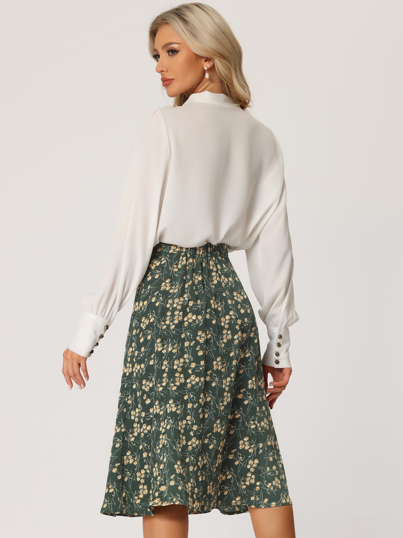 Allegra K Floral Midi Peasant Elastic Waist A-Line Skirt