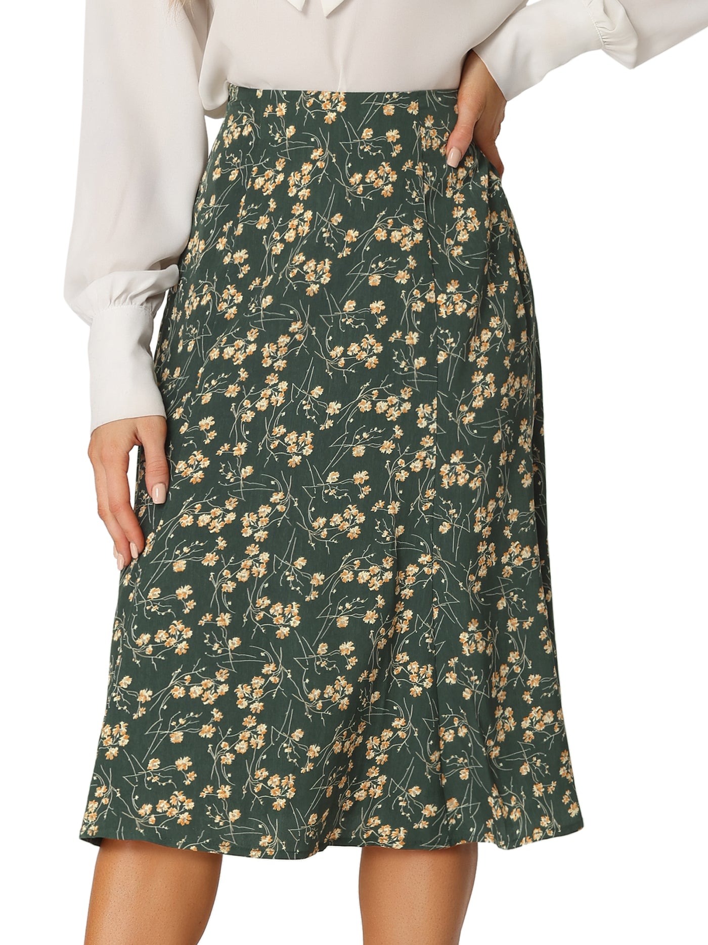 Allegra K Floral Midi Peasant Elastic Waist A-Line Skirt