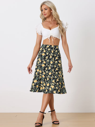 Floral Midi Peasant Elastic Waist A-Line Skirt