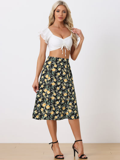 Floral Midi Peasant Elastic Waist A-Line Skirt