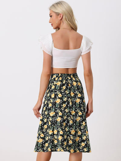 Floral Midi Peasant Elastic Waist A-Line Skirt