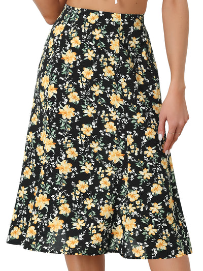 Floral Midi Peasant Elastic Waist A-Line Skirt