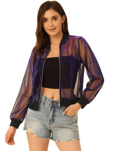 Sheer Mesh Shiny Long Sleeve See Through Zip Up Jacket