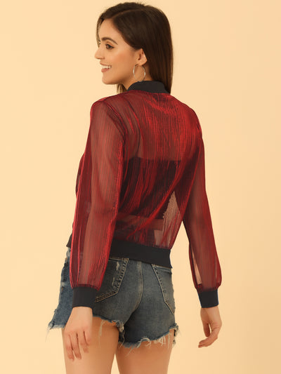 Sheer Mesh Shiny Long Sleeve See Through Zip Up Jacket