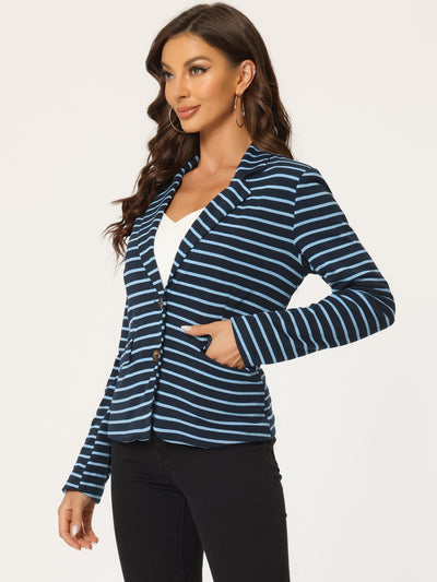 Notched Lapel Pocket Button Closure Striped Blazer