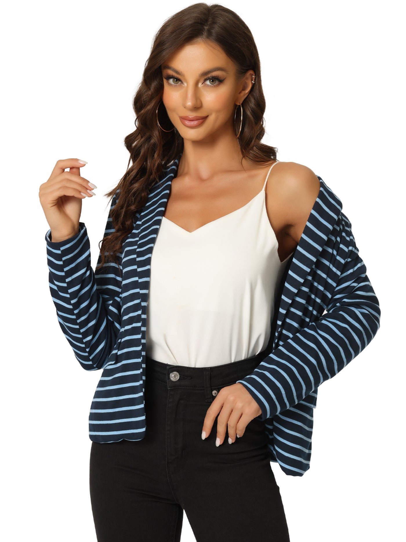 Allegra K Notched Lapel Pocket Button Closure Striped Blazer