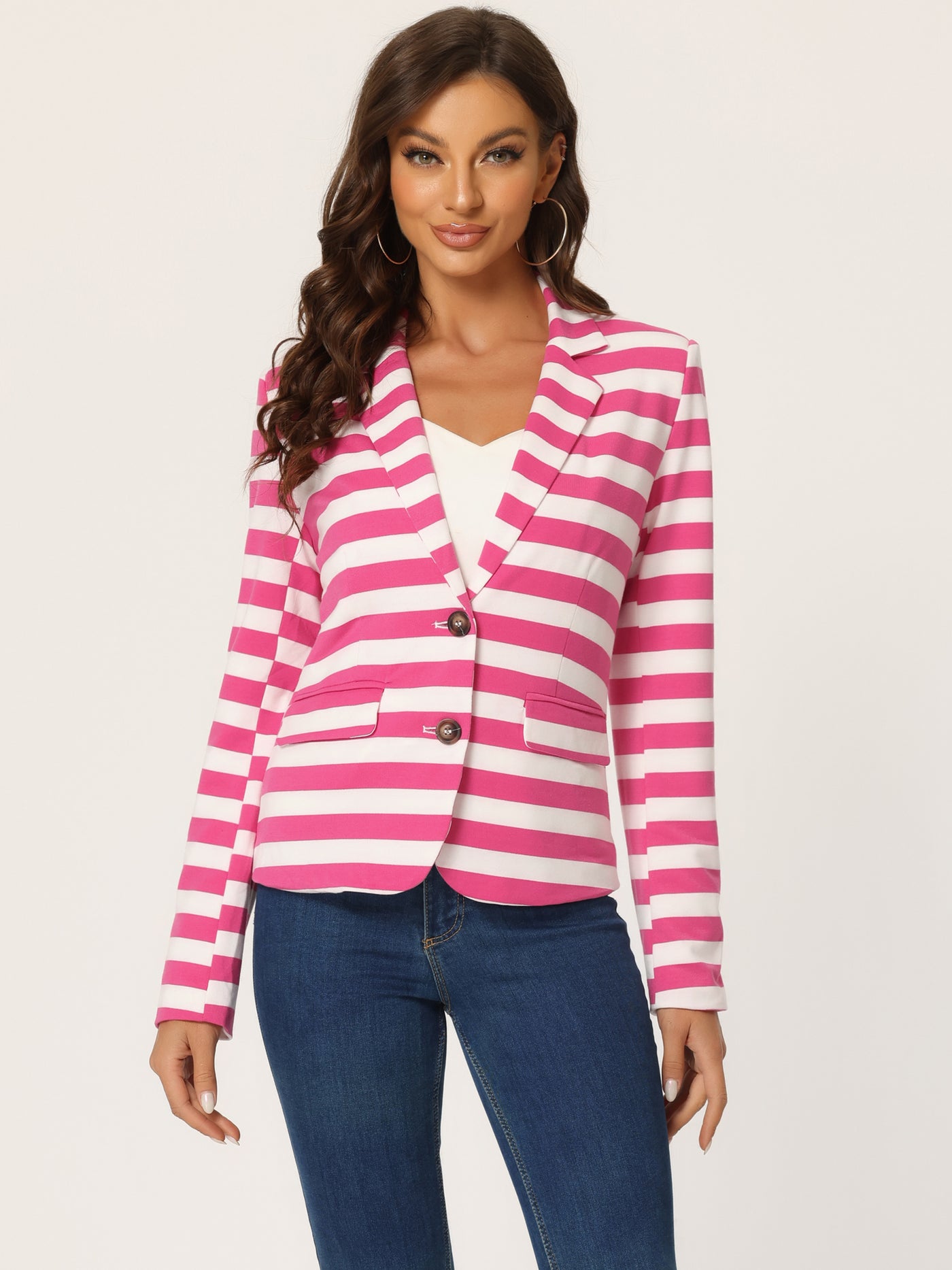 Allegra K Notched Lapel Pocket Button Closure Striped Blazer