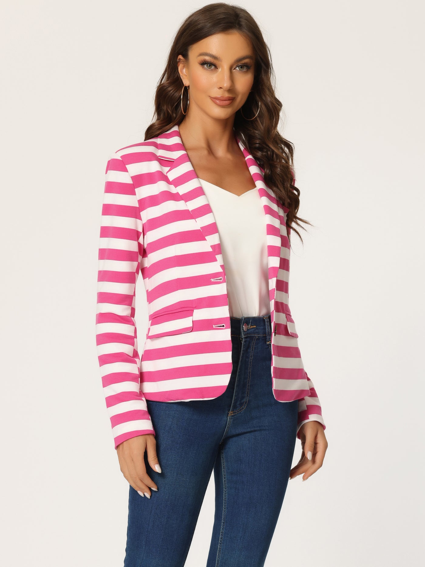 Allegra K Notched Lapel Pocket Button Closure Striped Blazer