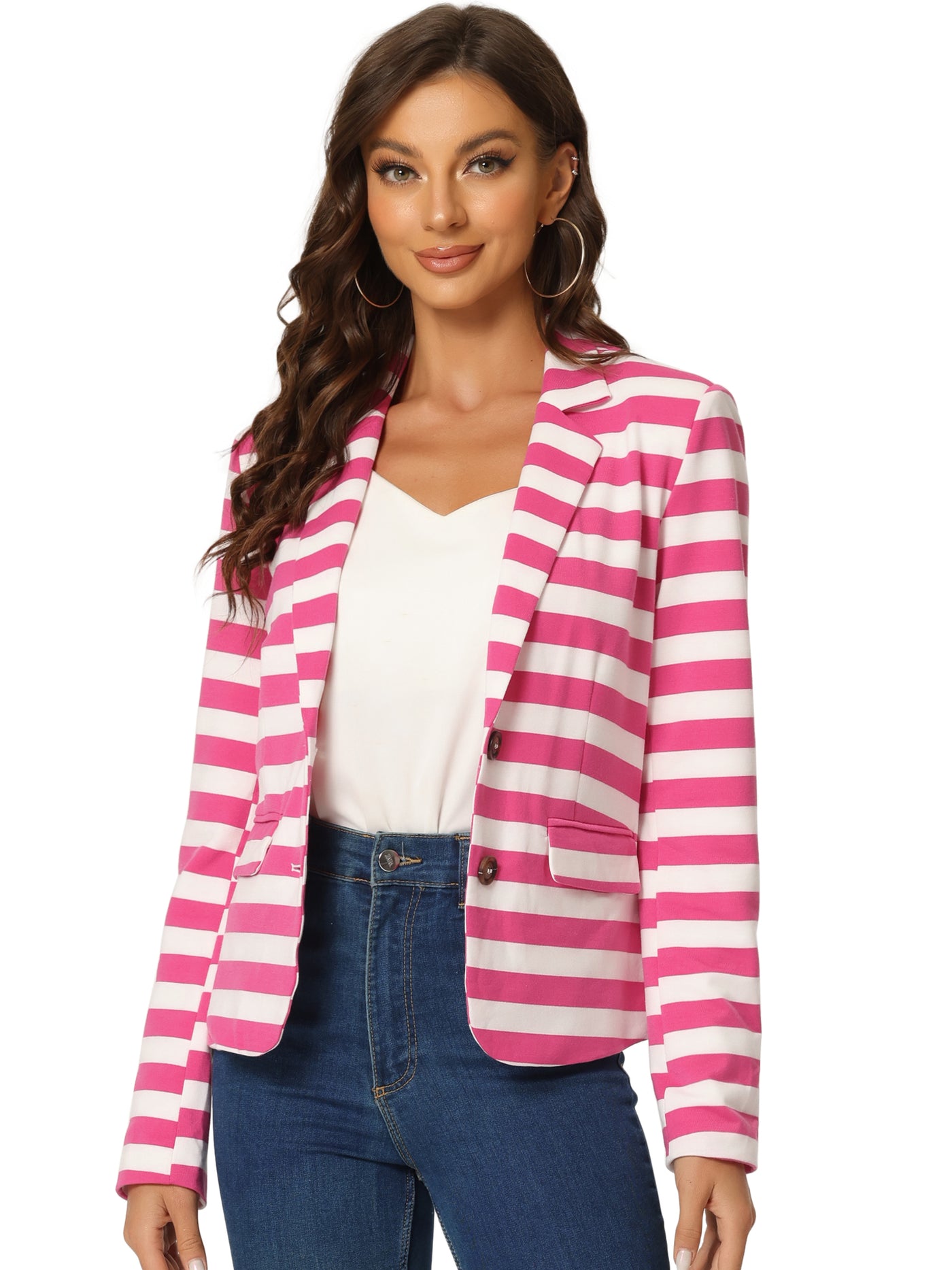 Allegra K Notched Lapel Pocket Button Closure Striped Blazer