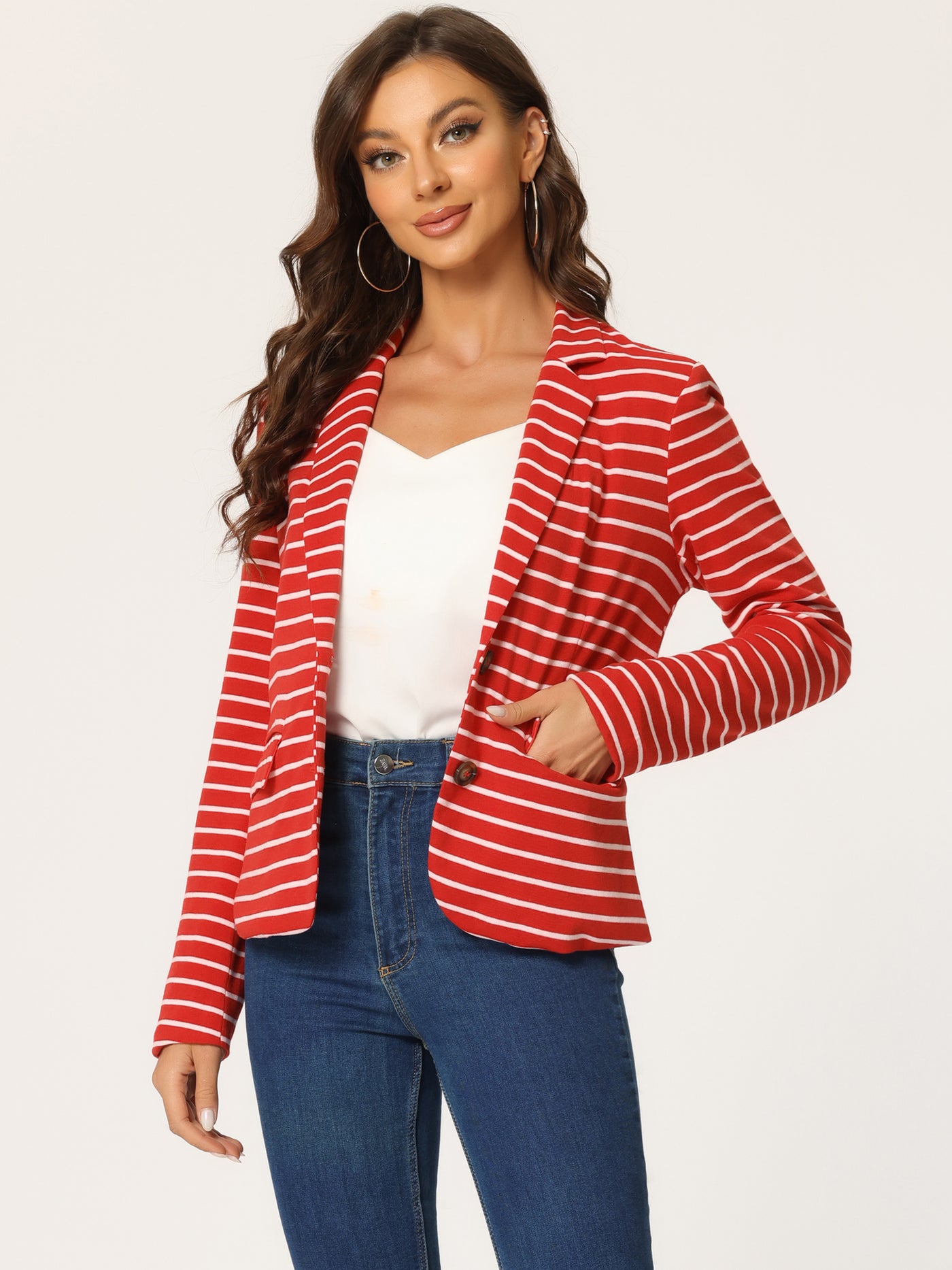 Allegra K Notched Lapel Pocket Button Closure Striped Blazer