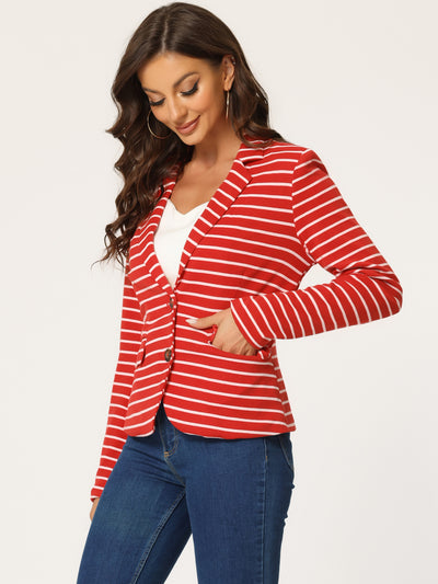 Notched Lapel Pocket Button Closure Striped Blazer