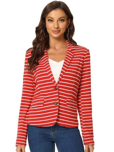 Notched Lapel Pocket Button Closure Striped Blazer