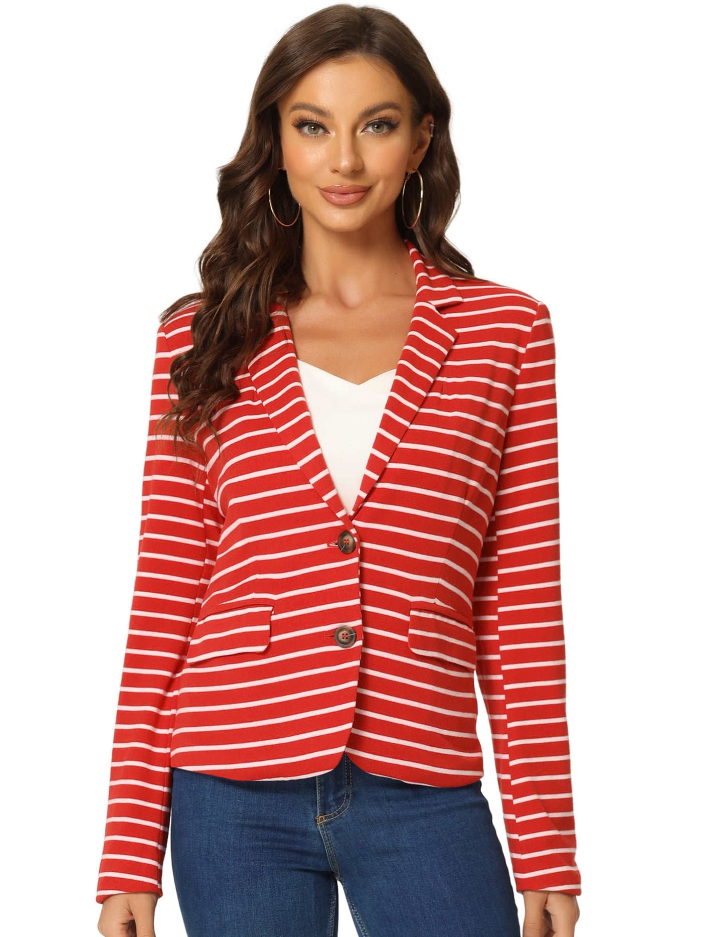 Allegra K Notched Lapel Pocket Button Closure Striped Blazer