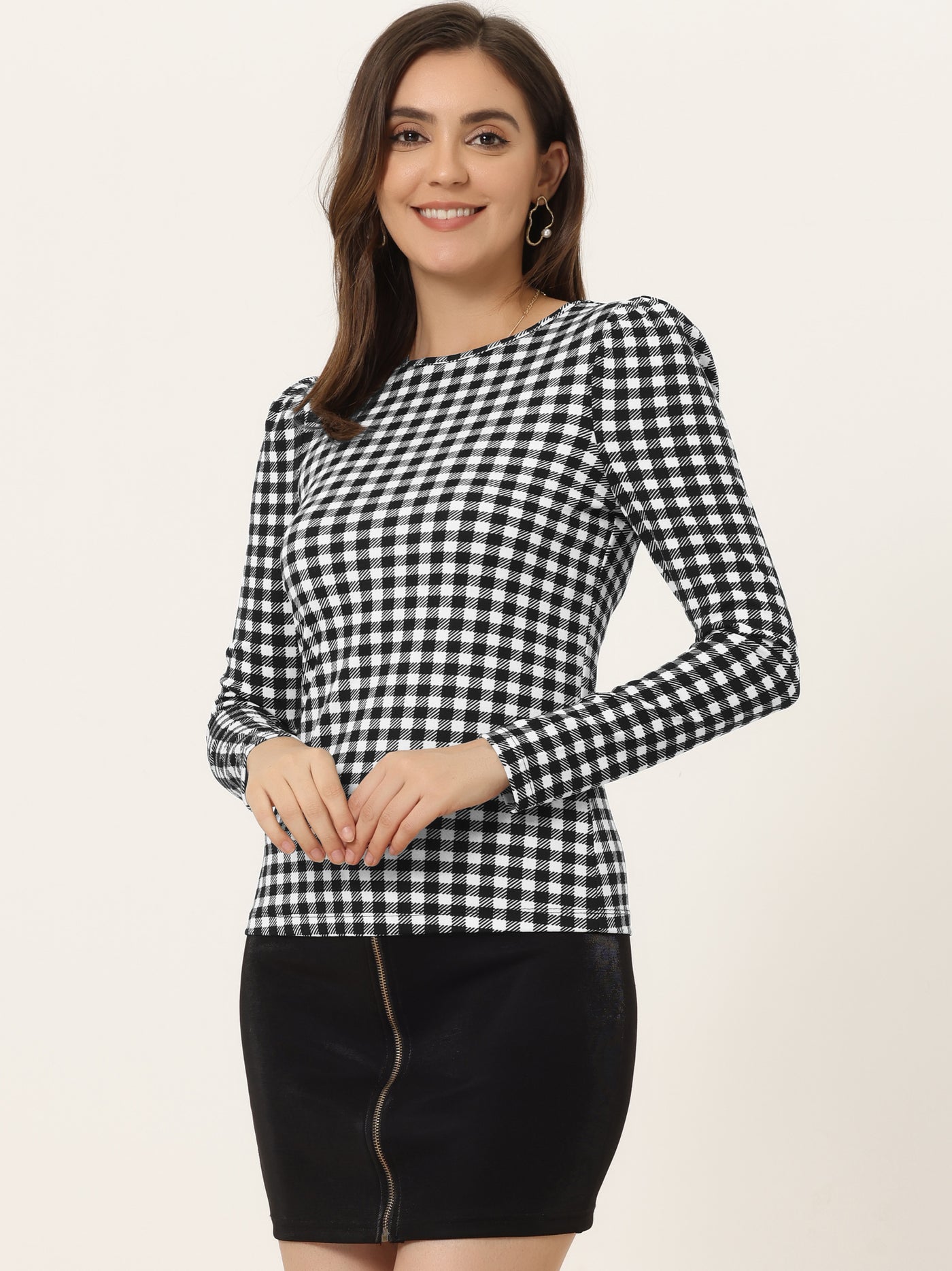 Allegra K Stretchy Slim Plaid Round Neck Long Sleeve T Shirt Basic Blouse