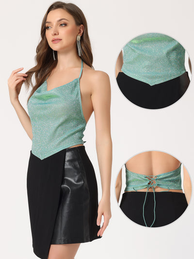 Halter Glitter Cowl Neck Draped Clubwear Backless Crop Cami Tops