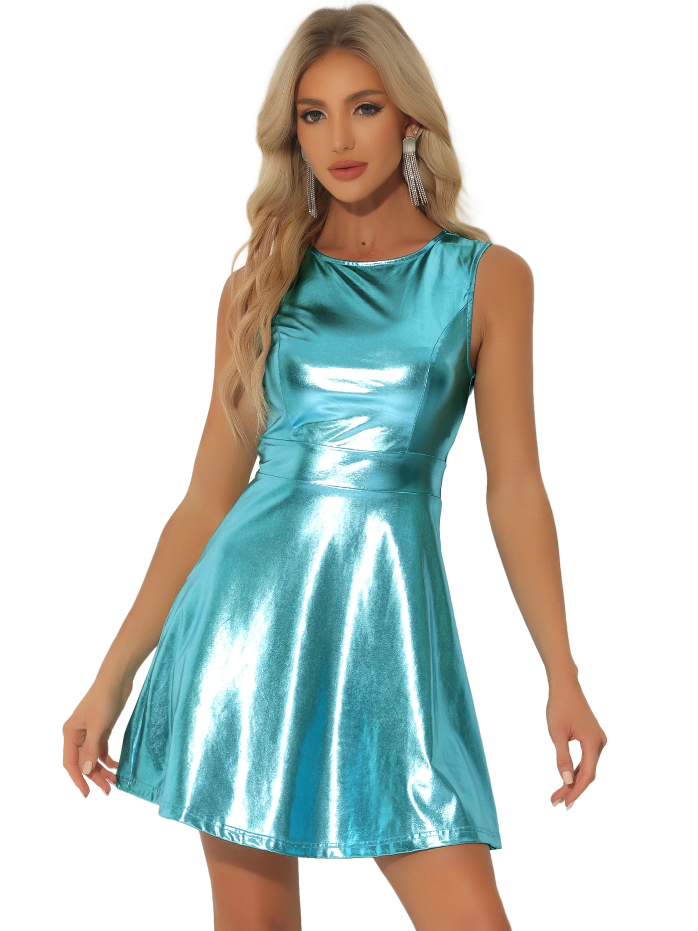 Allegra K Sleeveless Metallic A-Line Club Party Holographic Mini Dress