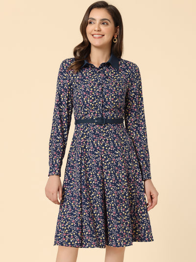 Floral Contrast Collar Belted Long Sleeve Retro Work Office Dress