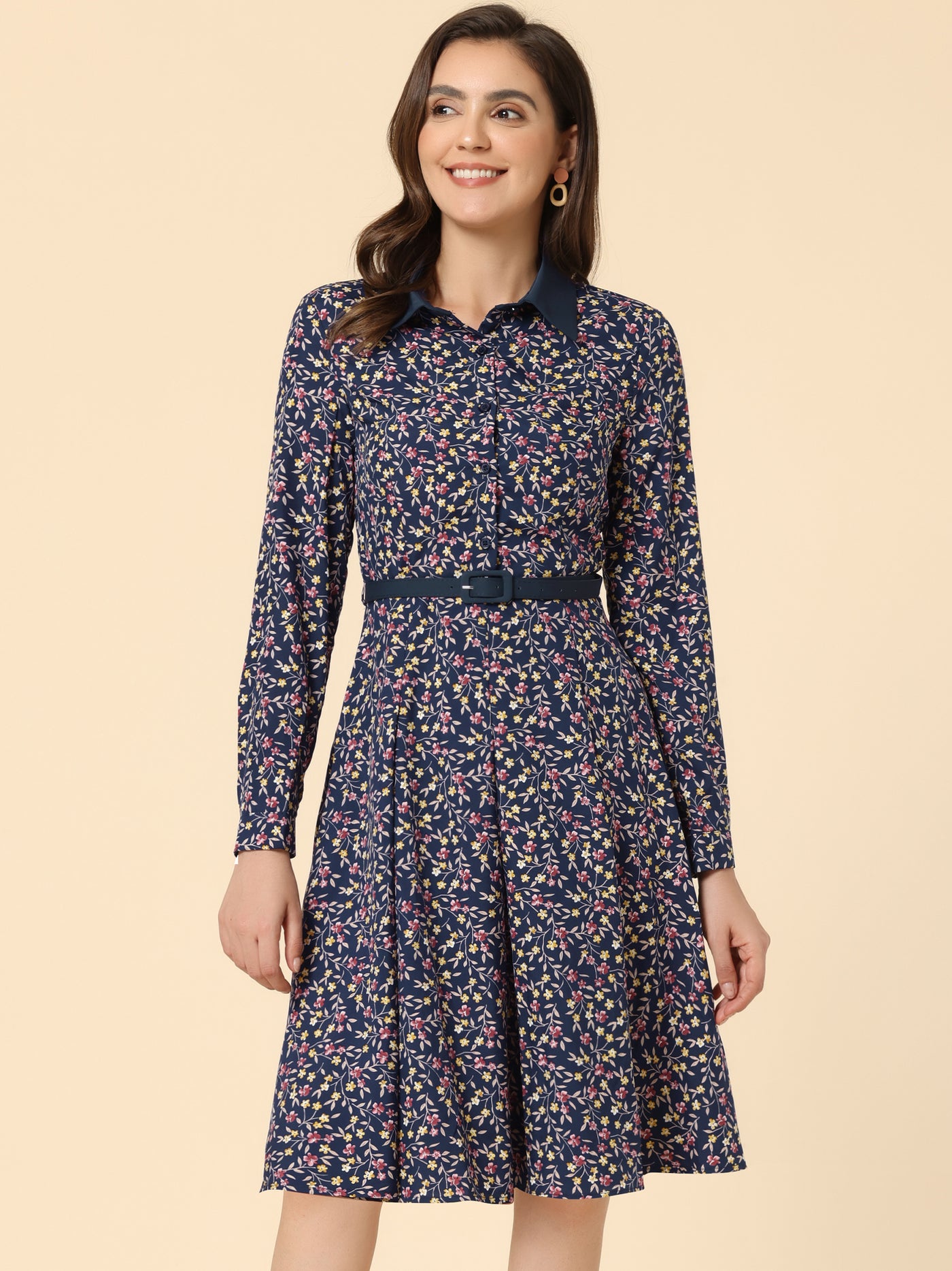 Allegra K Floral Contrast Collar Belted Long Sleeve Retro Work Office Dress