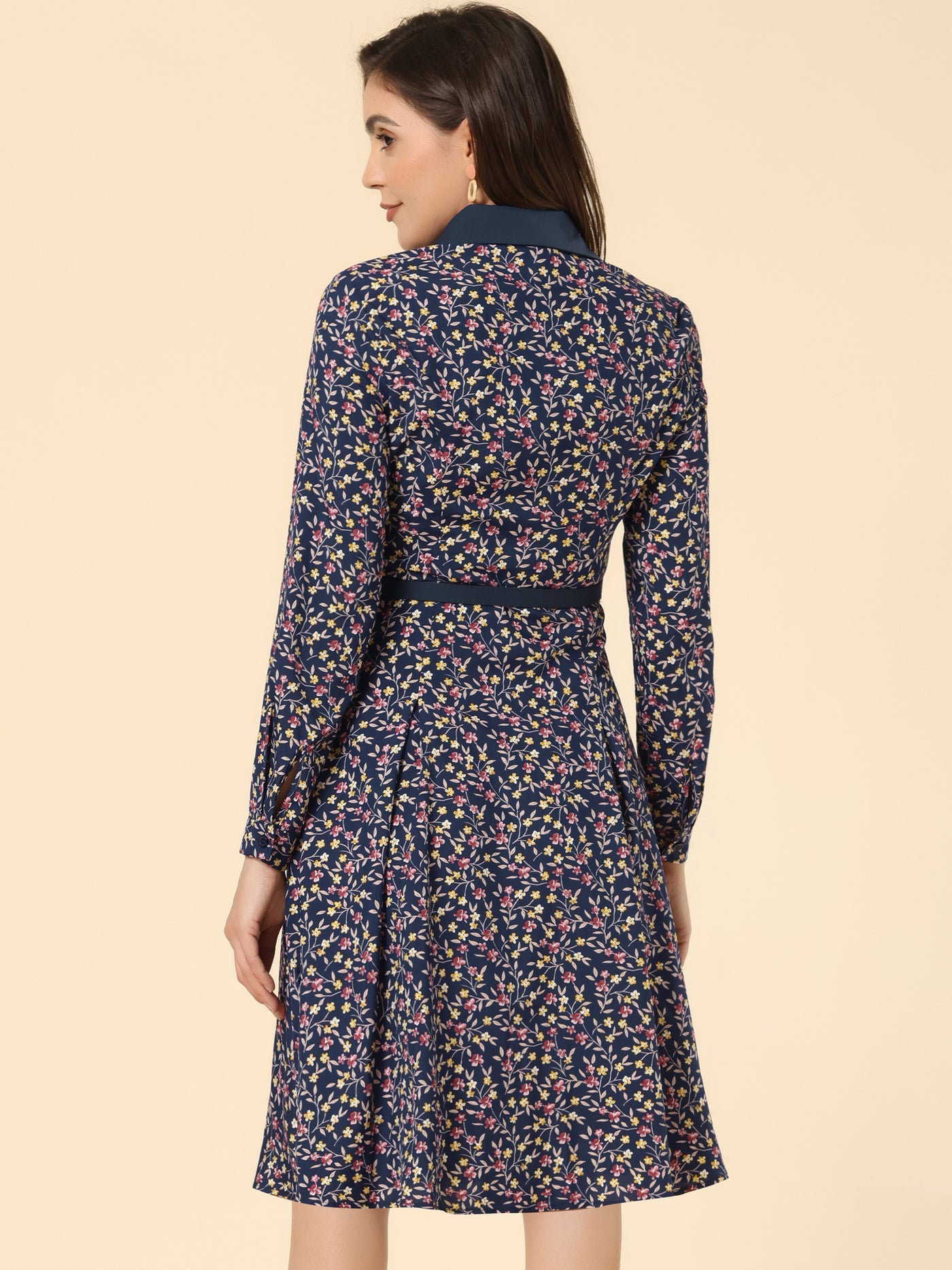 Allegra K Floral Contrast Collar Belted Long Sleeve Retro Work Office Dress