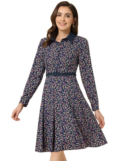 Floral Contrast Collar Belted Long Sleeve Retro Work Office Dress