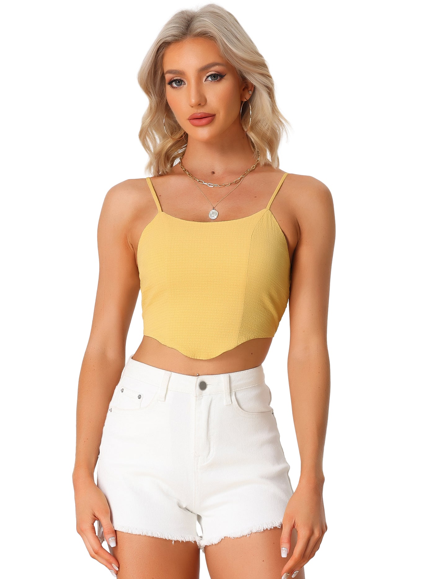 Allegra K Spaghetti Strap Crop Top Asymmetrical Hem Textured Camisole