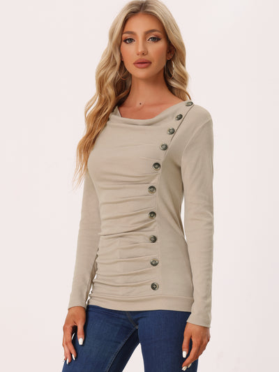 Buttons Decor Cowl Neck Long Sleeve Ruched Top