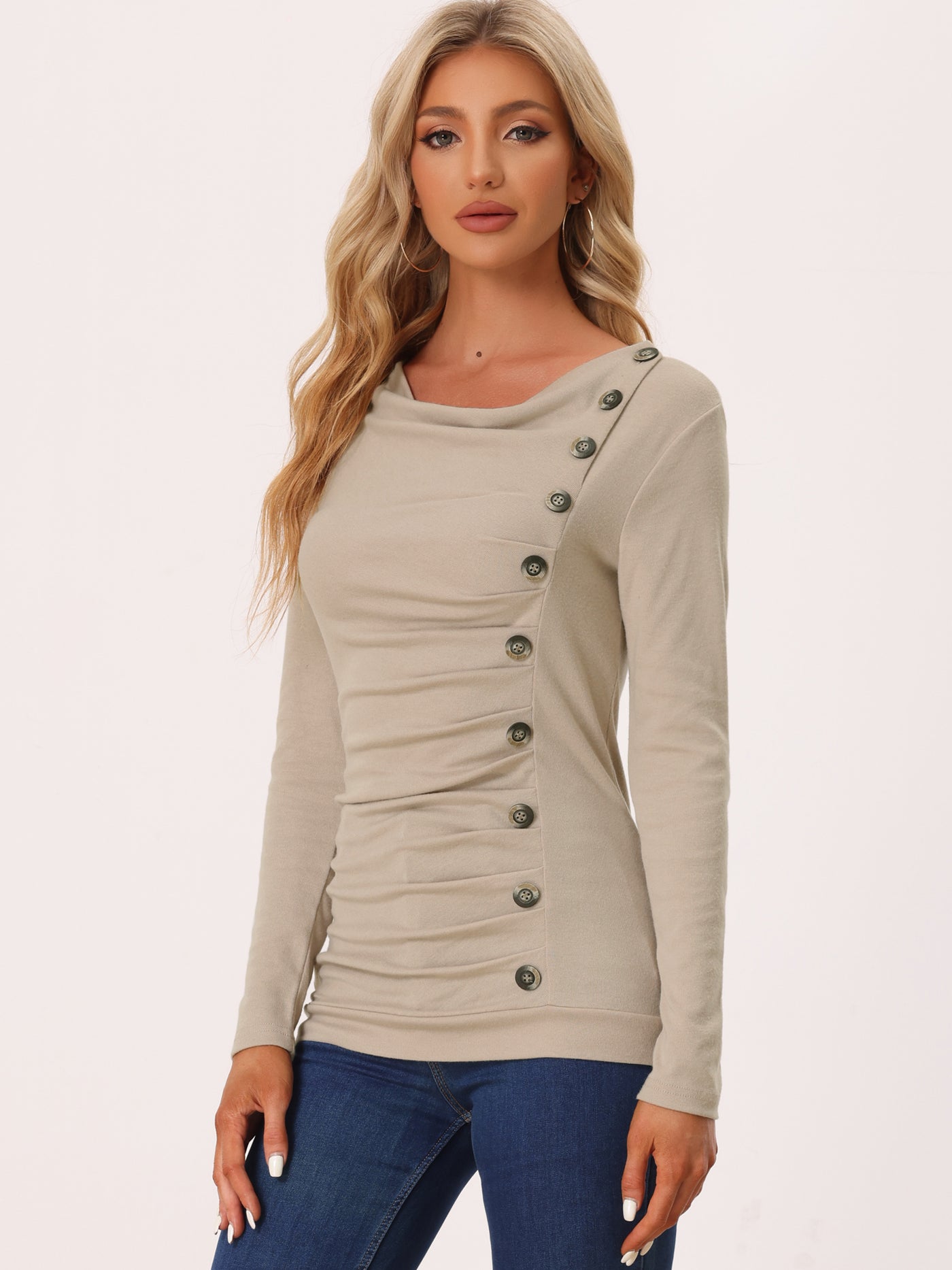 Allegra K Buttons Decor Cowl Neck Long Sleeve Ruched Top