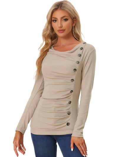 Buttons Decor Cowl Neck Long Sleeve Ruched Top